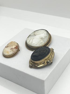 LOT 191J: Three Antique/Vintage Cameo Brooches - One Marked 10K Gold -White Mother of pearl is a Pendant/Brooch