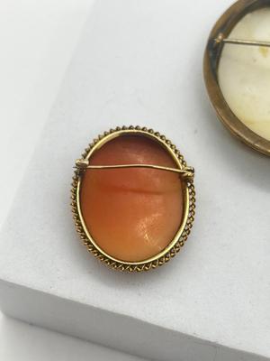 LOT 191J: Three Antique/Vintage Cameo Brooches - One Marked 10K Gold -White Mother of pearl is a Pendant/Brooch