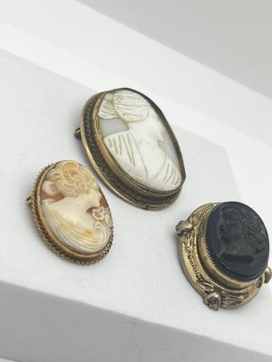 LOT 191J: Three Antique/Vintage Cameo Brooches - One Marked 10K Gold -White Mother of pearl is a Pendant/Brooch