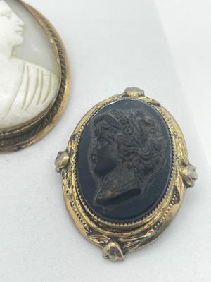 LOT 191J: Three Antique/Vintage Cameo Brooches - One Marked 10K Gold -White Mother of pearl is a Pendant/Brooch
