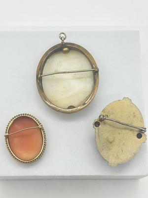 LOT 191J: Three Antique/Vintage Cameo Brooches - One Marked 10K Gold -White Mother of pearl is a Pendant/Brooch