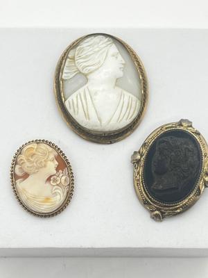 LOT 191J: Three Antique/Vintage Cameo Brooches - One Marked 10K Gold -White Mother of pearl is a Pendant/Brooch