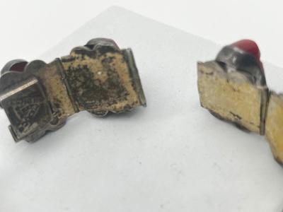 LOT 193J: Vintage Mexico Silver and Coral Aztec Design Screwback Earrings and Matching Bracelet - 44.8 GTW