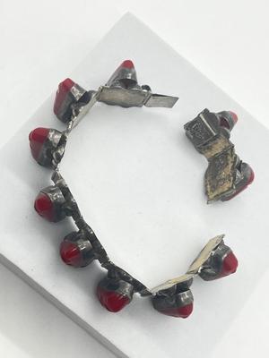 LOT 193J: Vintage Mexico Silver and Coral Aztec Design Screwback Earrings and Matching Bracelet - 44.8 GTW