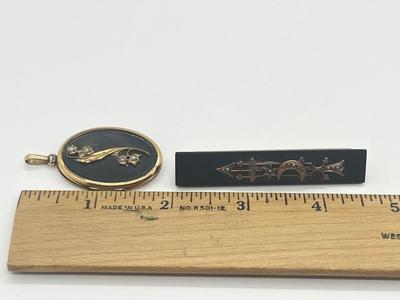 LOT 199J: Victorian Antique Mourning Brooch and Gold Filled 'Lily of the Valley' Locket Pendant Both with Seed Pearls