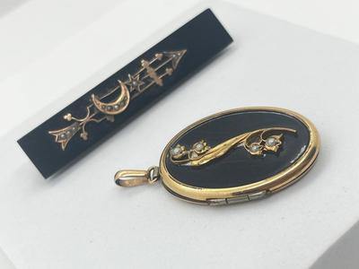 LOT 199J: Victorian Antique Mourning Brooch and Gold Filled 'Lily of the Valley' Locket Pendant Both with Seed Pearls