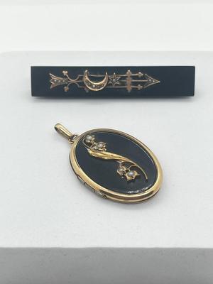 LOT 199J: Victorian Antique Mourning Brooch and Gold Filled 'Lily of the Valley' Locket Pendant Both with Seed Pearls