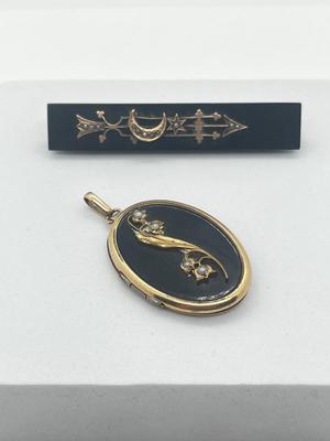 LOT 199J: Victorian Antique Mourning Brooch and Gold Filled 'Lily of the Valley' Locket Pendant Both with Seed Pearls