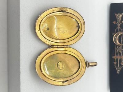 LOT 199J: Victorian Antique Mourning Brooch and Gold Filled 'Lily of the Valley' Locket Pendant Both with Seed Pearls