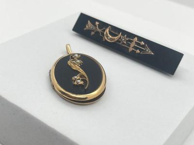 LOT 199J: Victorian Antique Mourning Brooch and Gold Filled 'Lily of the Valley' Locket Pendant Both with Seed Pearls