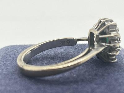 LOT 201J: 18K White Gold, Emerald and Diamond Halo Ring - Size 6 - 4.8 GTW