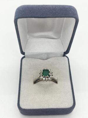 LOT 201J: 18K White Gold, Emerald and Diamond Halo Ring - Size 6 - 4.8 GTW
