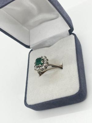LOT 201J: 18K White Gold, Emerald and Diamond Halo Ring - Size 6 - 4.8 GTW