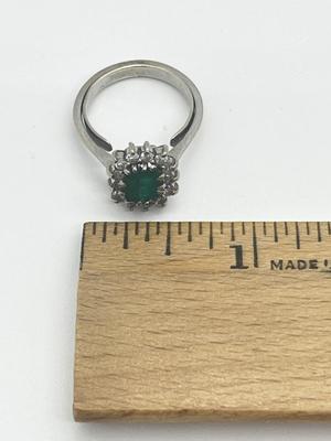 LOT 201J: 18K White Gold, Emerald and Diamond Halo Ring - Size 6 - 4.8 GTW