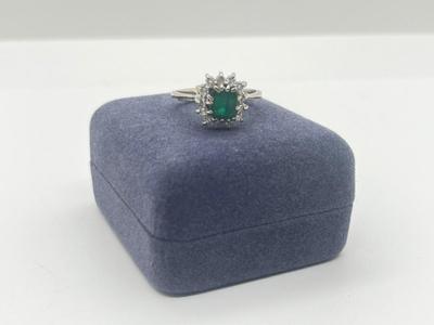 LOT 201J: 18K White Gold, Emerald and Diamond Halo Ring - Size 6 - 4.8 GTW