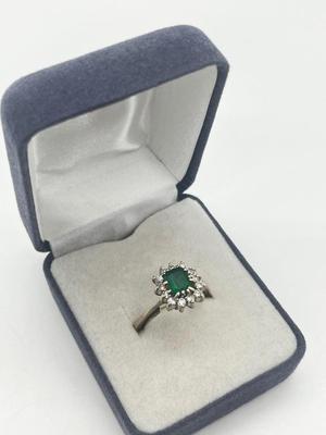 LOT 201J: 18K White Gold, Emerald and Diamond Halo Ring - Size 6 - 4.8 GTW