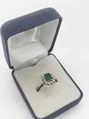 LOT 201J: 18K White Gold, Emerald and Diamond Halo Ring - Size 6 - 4.8 GTW
