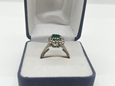 LOT 201J: 18K White Gold, Emerald and Diamond Halo Ring - Size 6 - 4.8 GTW
