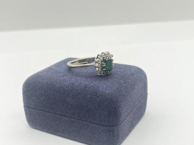 LOT 201J: 18K White Gold, Emerald and Diamond Halo Ring - Size 6 - 4.8 GTW