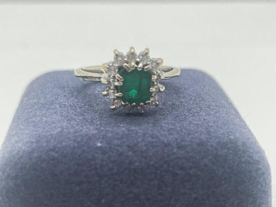 LOT 201J: 18K White Gold, Emerald and Diamond Halo Ring - Size 6 - 4.8 GTW