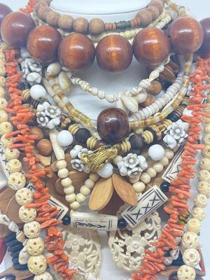 LOT 213J: Unique Beaded Necklace Collection Including Bone and Wood Beads