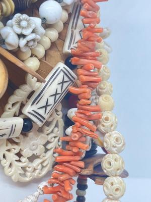 LOT 213J: Unique Beaded Necklace Collection Including Bone and Wood Beads