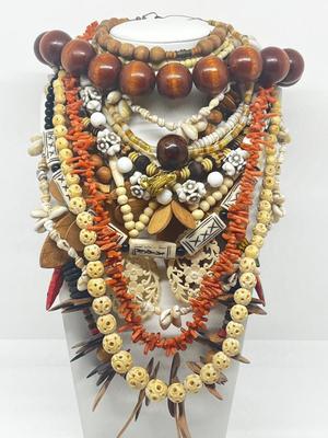LOT 213J: Unique Beaded Necklace Collection Including Bone and Wood Beads