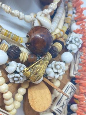 LOT 213J: Unique Beaded Necklace Collection Including Bone and Wood Beads