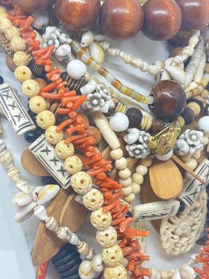 LOT 213J: Unique Beaded Necklace Collection Including Bone and Wood Beads