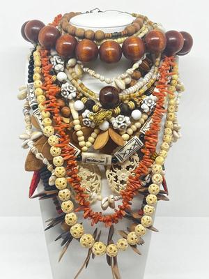 LOT 213J: Unique Beaded Necklace Collection Including Bone and Wood Beads