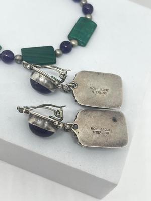 LOT 216J: Matching Sterling and Malachite Beaded Necklace, Bracelet and Clip-On Earring Set - Pendant and Earrings Marked Sterling -...