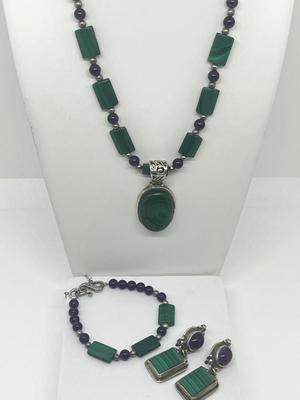 LOT 216J: Matching Sterling and Malachite Beaded Necklace, Bracelet and Clip-On Earring Set - Pendant and Earrings Marked Sterling -...