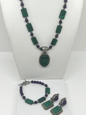 LOT 216J: Matching Sterling and Malachite Beaded Necklace, Bracelet and Clip-On Earring Set - Pendant and Earrings Marked Sterling -...