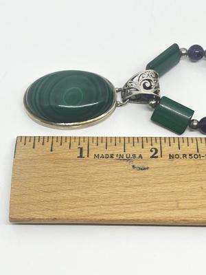 LOT 216J: Matching Sterling and Malachite Beaded Necklace, Bracelet and Clip-On Earring Set - Pendant and Earrings Marked Sterling -...