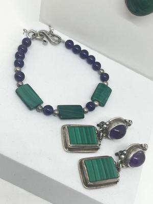 LOT 216J: Matching Sterling and Malachite Beaded Necklace, Bracelet and Clip-On Earring Set - Pendant and Earrings Marked Sterling -...