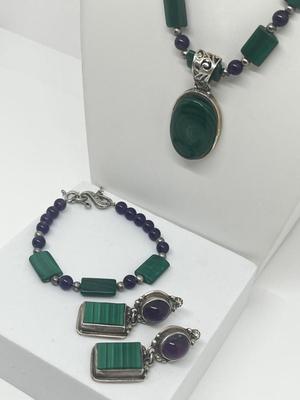 LOT 216J: Matching Sterling and Malachite Beaded Necklace, Bracelet and Clip-On Earring Set - Pendant and Earrings Marked Sterling -...
