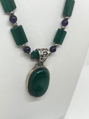 LOT 216J: Matching Sterling and Malachite Beaded Necklace, Bracelet and Clip-On Earring Set - Pendant and Earrings Marked Sterling -...