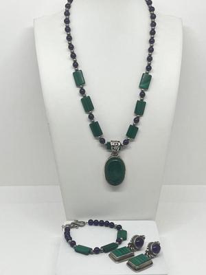 LOT 216J: Matching Sterling and Malachite Beaded Necklace, Bracelet and Clip-On Earring Set - Pendant and Earrings Marked Sterling -...