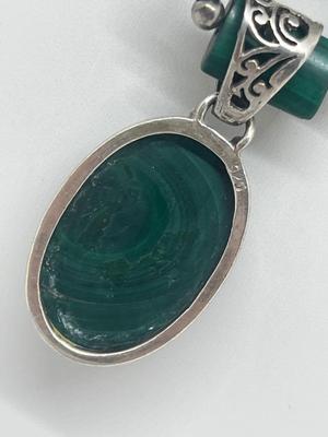 LOT 216J: Matching Sterling and Malachite Beaded Necklace, Bracelet and Clip-On Earring Set - Pendant and Earrings Marked Sterling -...