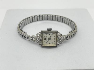 LOT 221J: Vintage Longines 14K White Gold and Diamond Ladies Watch - Has Replacement Speidel Stretch Band - Does Not Wind