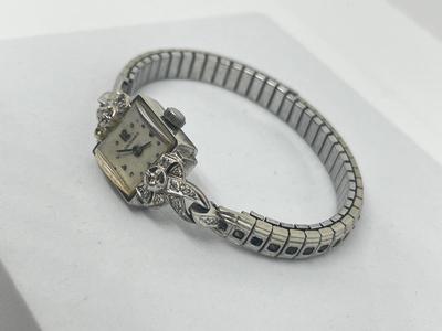 LOT 221J: Vintage Longines 14K White Gold and Diamond Ladies Watch - Has Replacement Speidel Stretch Band - Does Not Wind