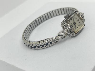 LOT 221J: Vintage Longines 14K White Gold and Diamond Ladies Watch - Has Replacement Speidel Stretch Band - Does Not Wind