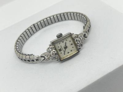 LOT 221J: Vintage Longines 14K White Gold and Diamond Ladies Watch - Has Replacement Speidel Stretch Band - Does Not Wind