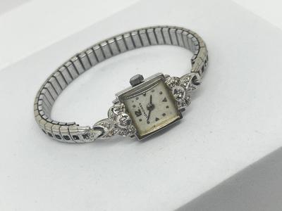 LOT 221J: Vintage Longines 14K White Gold and Diamond Ladies Watch - Has Replacement Speidel Stretch Band - Does Not Wind