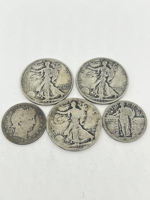LOT 232J: Antique / Vintage Silver US Coins - 1917, 1936-D, 1942 Walking Liberty Half Dollars, 1908-O Barber Quarter, Standing Liberty...