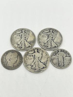 LOT 232J: Antique / Vintage Silver US Coins - 1917, 1936-D, 1942 Walking Liberty Half Dollars, 1908-O Barber Quarter, Standing Liberty...