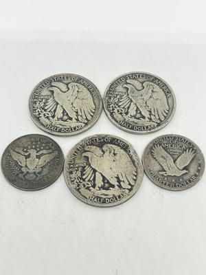 LOT 232J: Antique / Vintage Silver US Coins - 1917, 1936-D, 1942 Walking Liberty Half Dollars, 1908-O Barber Quarter, Standing Liberty...