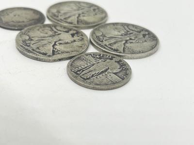 LOT 232J: Antique / Vintage Silver US Coins - 1917, 1936-D, 1942 Walking Liberty Half Dollars, 1908-O Barber Quarter, Standing Liberty...