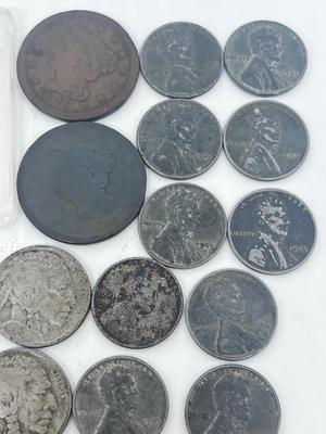 LOT 233J: Vintage / Antique US Coins - Large Cent Pennies, Buffalo Nickels, 1943 Steel Wheat Pennies and More