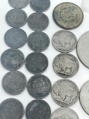 LOT 233J: Vintage / Antique US Coins - Large Cent Pennies, Buffalo Nickels, 1943 Steel Wheat Pennies and More